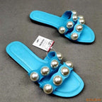Fashion Party Dresses Shoes Pearl Sandals Flat Women Flip Flops Casual Beach Flat Slippers Dressy Flat Sandals With Pearls Slip On Summer Beach Bridal Shoes Stevvex