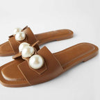 Fashion Party Dresses Shoes Pearl Sandals Flat Women Flip Flops Casual Beach Flat Slippers Dressy Flat Sandals With Pearls Slip On Summer Beach Bridal Shoes Stevvex