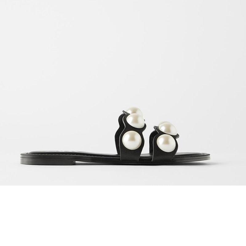 Fashion Party Dresses Shoes Pearl Sandals Flat Women Flip Flops Casual Beach Flat Slippers Dressy Flat Sandals With Pearls Slip On Summer Beach Bridal Shoes Stevvex