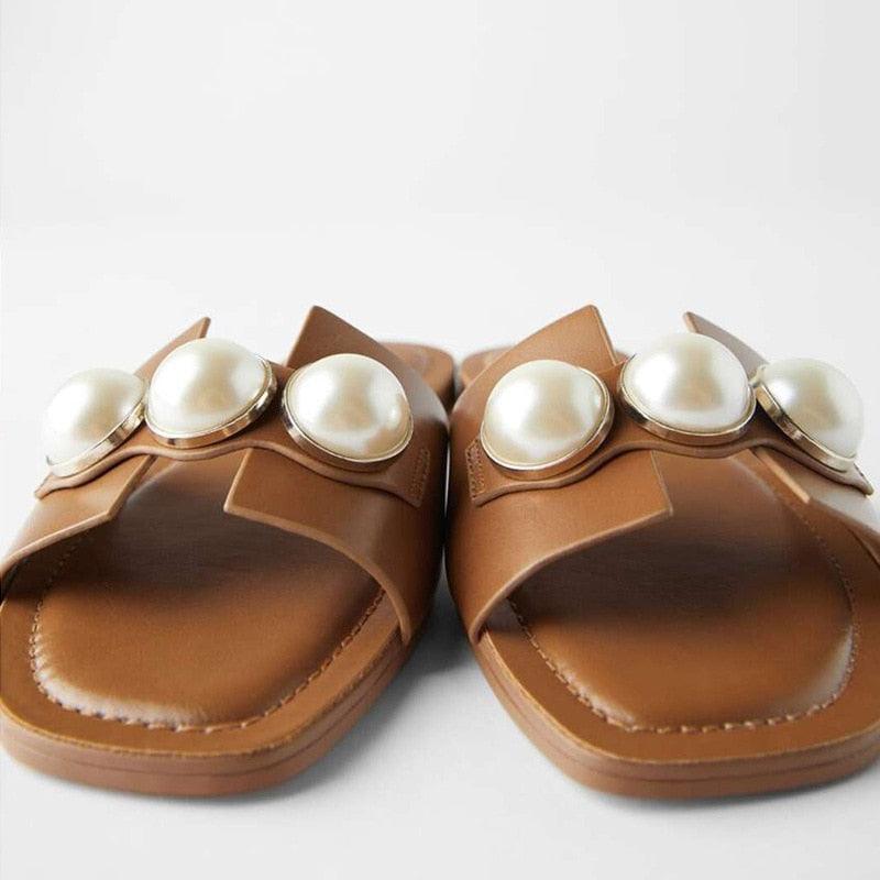 Fashion Party Dresses Shoes Pearl Sandals Flat Women Flip Flops Casual Beach Flat Slippers Dressy Flat Sandals With Pearls Slip On Summer Beach Bridal Shoes Stevvex