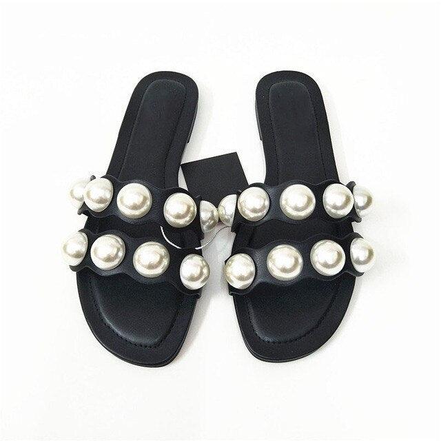 Fashion Party Dresses Shoes Pearl Sandals Flat Women Flip Flops Casual Beach Flat Slippers Dressy Flat Sandals With Pearls Slip On Summer Beach Bridal Shoes Stevvex