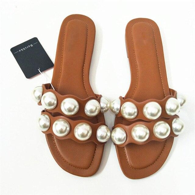 Fashion Party Dresses Shoes Pearl Sandals Flat Women Flip Flops Casual Beach Flat Slippers Dressy Flat Sandals With Pearls Slip On Summer Beach Bridal Shoes Stevvex