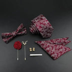 Fashion Red Business Necktie Matching Bowtie Flower Vintage Design Set For Men Self-Tie Bow Tie And Pocket Square Classic Business Tuxedo Wedding Bowties Handkerchief Set Men Necktie And Pocket Square Set Stevvex