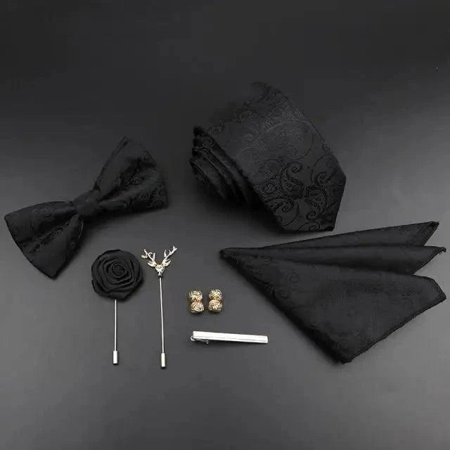 Fashion Red Business Necktie Matching Bowtie Flower Vintage Design Set For Men Self-Tie Bow Tie And Pocket Square Classic Business Tuxedo Wedding Bowties Handkerchief Set Men Necktie And Pocket Square Set Stevvex