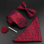 Fashion Red Business Necktie Matching Bowtie Flower Vintage Design Set For Men Self-Tie Bow Tie And Pocket Square Classic Business Tuxedo Wedding Bowties Handkerchief Set Men Necktie And Pocket Square Set Stevvex