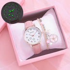 Fashion Set Watch Casual All-Match Leather Strap Student Watch Luminous Five-Pointed Star Dial Childrens Luminous Watch Women Casual Leather Female Wrist Watch Leather Band Quartz Watch