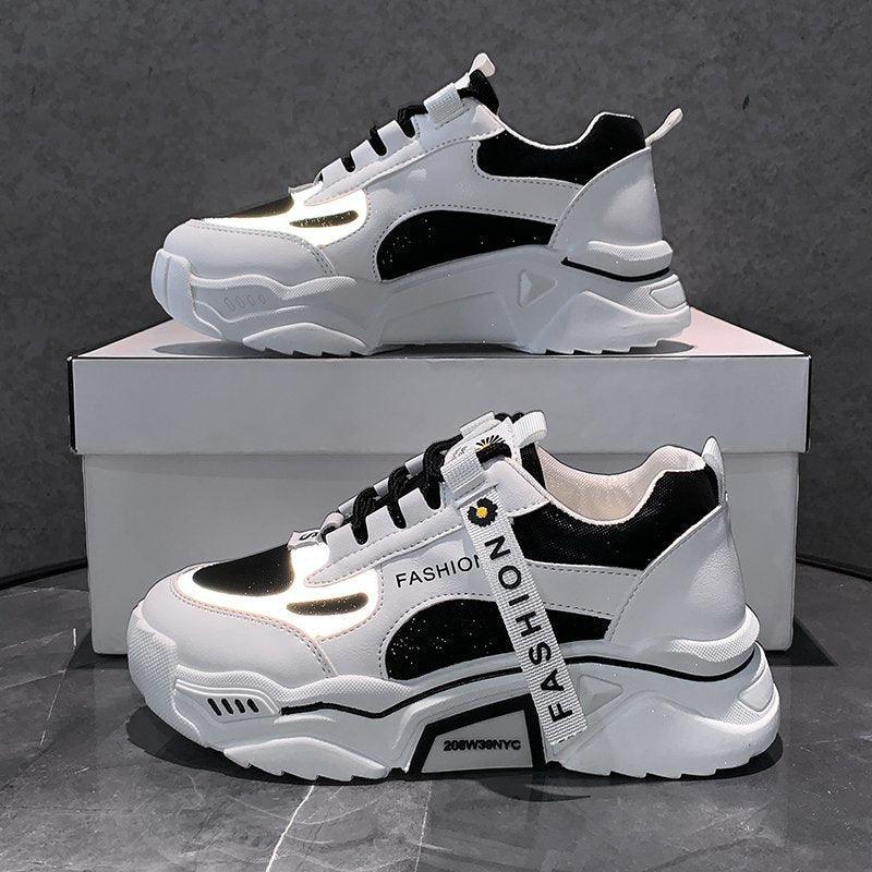 Fashion Spring Reflective Women Sneakers Lace Up Chunky Sneakers Mixed Color Women's Lightweight Casual Everyday Walking Fashion Chunky Sneakers Stevvex