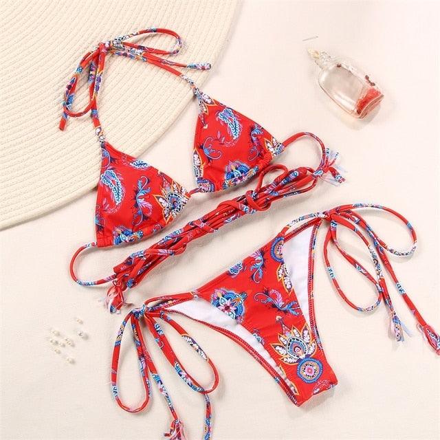Fashion Swimwear Women Bikini Sets Women Lace Up Two Piece String Bikinis Beach Swimsuit Triangle Bathing Suit Side Tie Swimwear String Swimming Suit For Women Bathing Suit Micro Halter String Triangle Bikini Stevvex