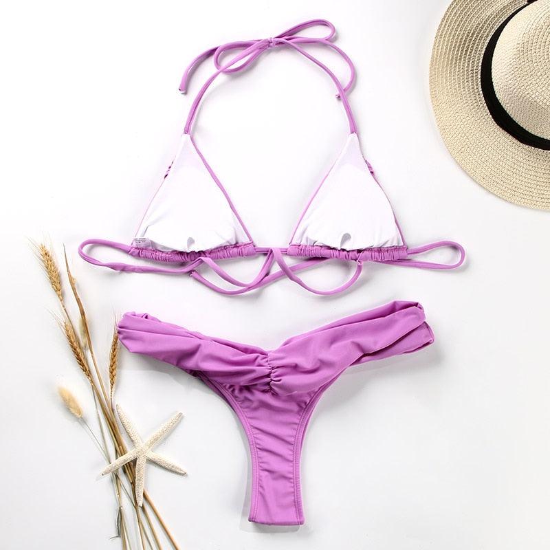 Fashion Swimwear Women Bikini Sets Women Lace Up Two Piece String Bikinis Beach Swimsuit Triangle Bathing Suit Side Tie Swimwear String Swimming Suit For Women Bathing Suit Micro Halter String Triangle Bikini Stevvex