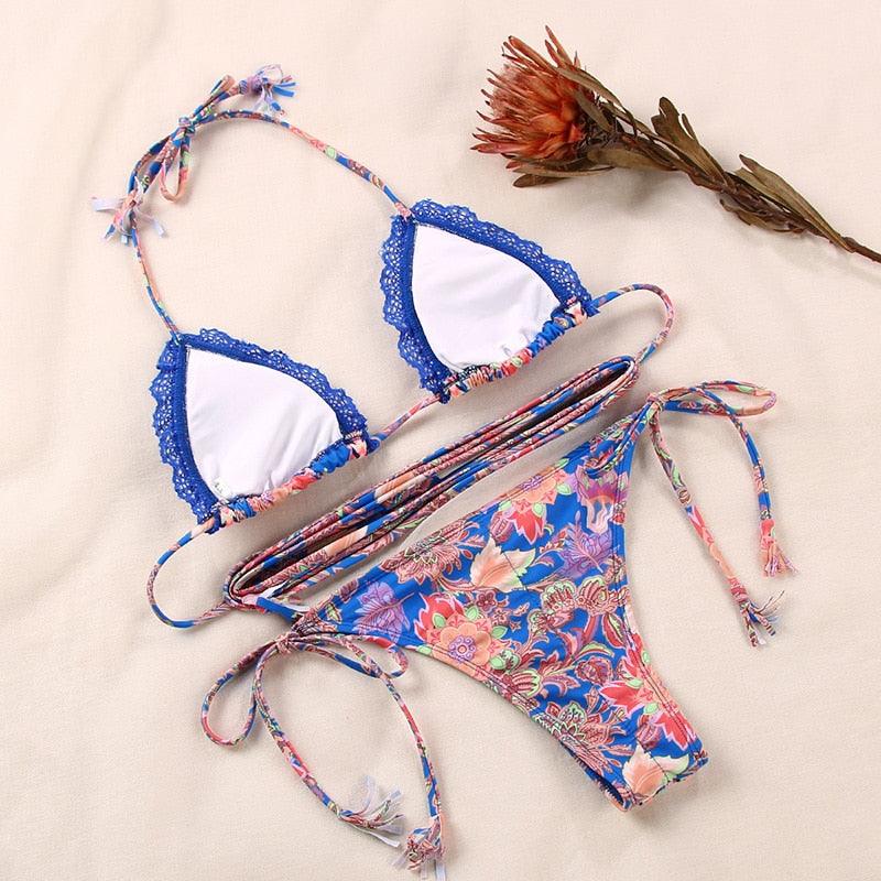 Fashion Swimwear Women Bikini Sets Women Lace Up Two Piece String Bikinis Beach Swimsuit Triangle Bathing Suit Side Tie Swimwear String Swimming Suit For Women Bathing Suit Micro Halter String Triangle Bikini Stevvex