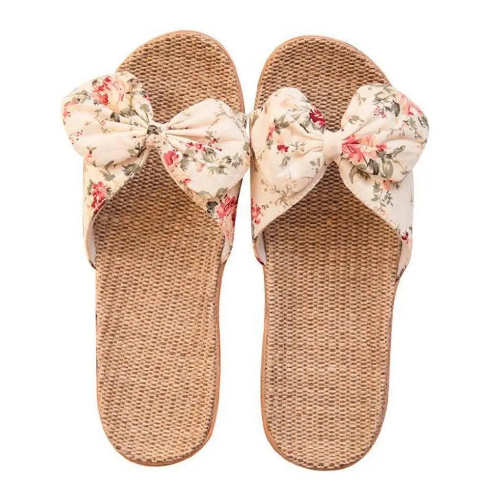 Fashion Woman Beach Floral Pattern Butterfly Knot Slippers Unique Flat Flip Flops Design For Women Outdoor Home Slippers Stevvex