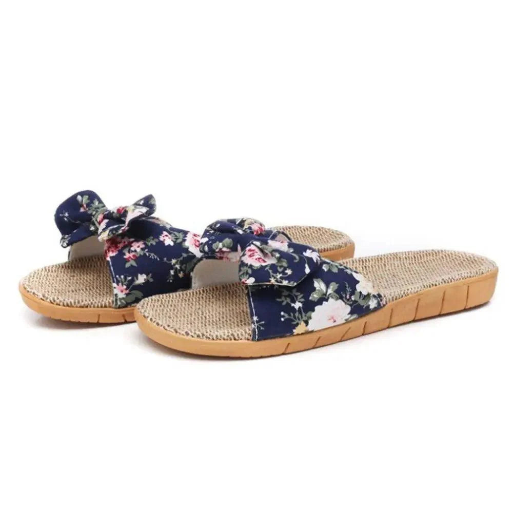 Fashion Woman Beach Floral Pattern Butterfly Knot Slippers Unique Flat Flip Flops Design For Women Outdoor Home Slippers Stevvex