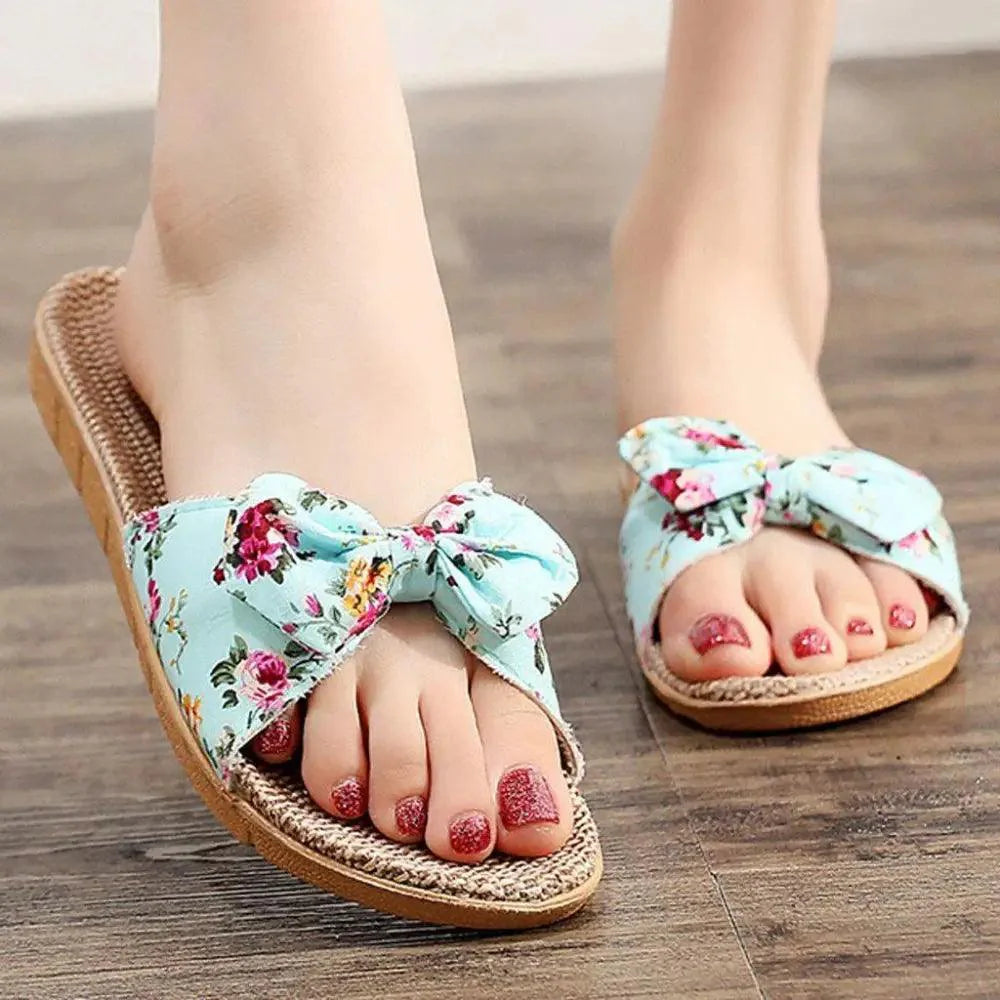 Fashion Woman Beach Floral Pattern Butterfly Knot Slippers Unique Flat Flip Flops Design For Women Outdoor Home Slippers Stevvex