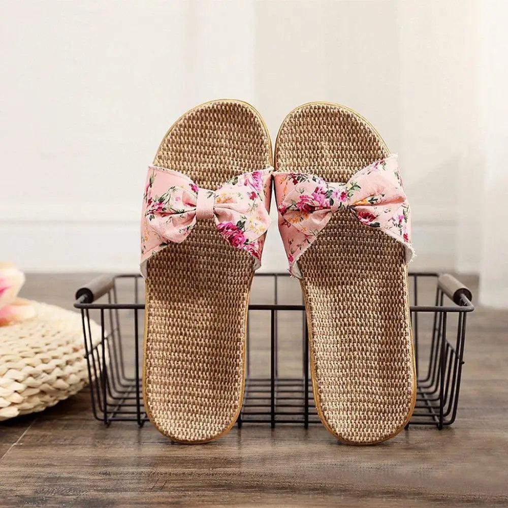 Fashion Woman Beach Floral Pattern Butterfly Knot Slippers Unique Flat Flip Flops Design For Women Outdoor Home Slippers Stevvex