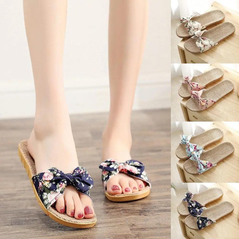 Fashion Woman Beach Floral Pattern Butterfly Knot Slippers Unique Flat Flip Flops Design For Women Outdoor Home Slippers Stevvex