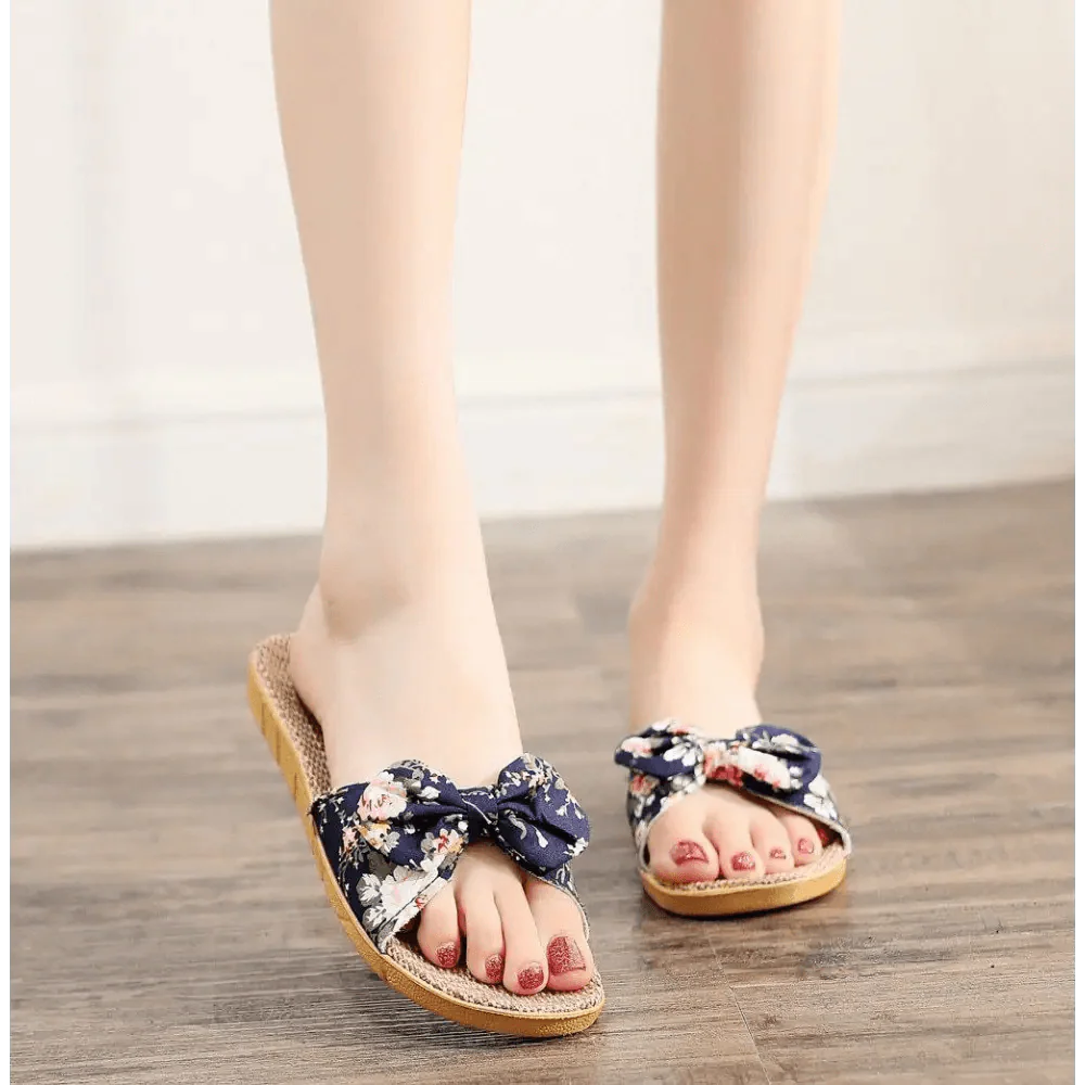 Fashion Woman Beach Floral Pattern Butterfly Knot Slippers Unique Flat Flip Flops Design For Women Outdoor Home Slippers Stevvex