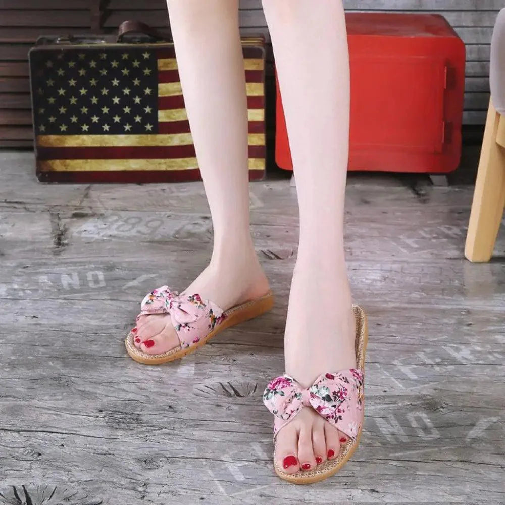 Fashion Woman Beach Floral Pattern Butterfly Knot Slippers Unique Flat Flip Flops Design For Women Outdoor Home Slippers Stevvex