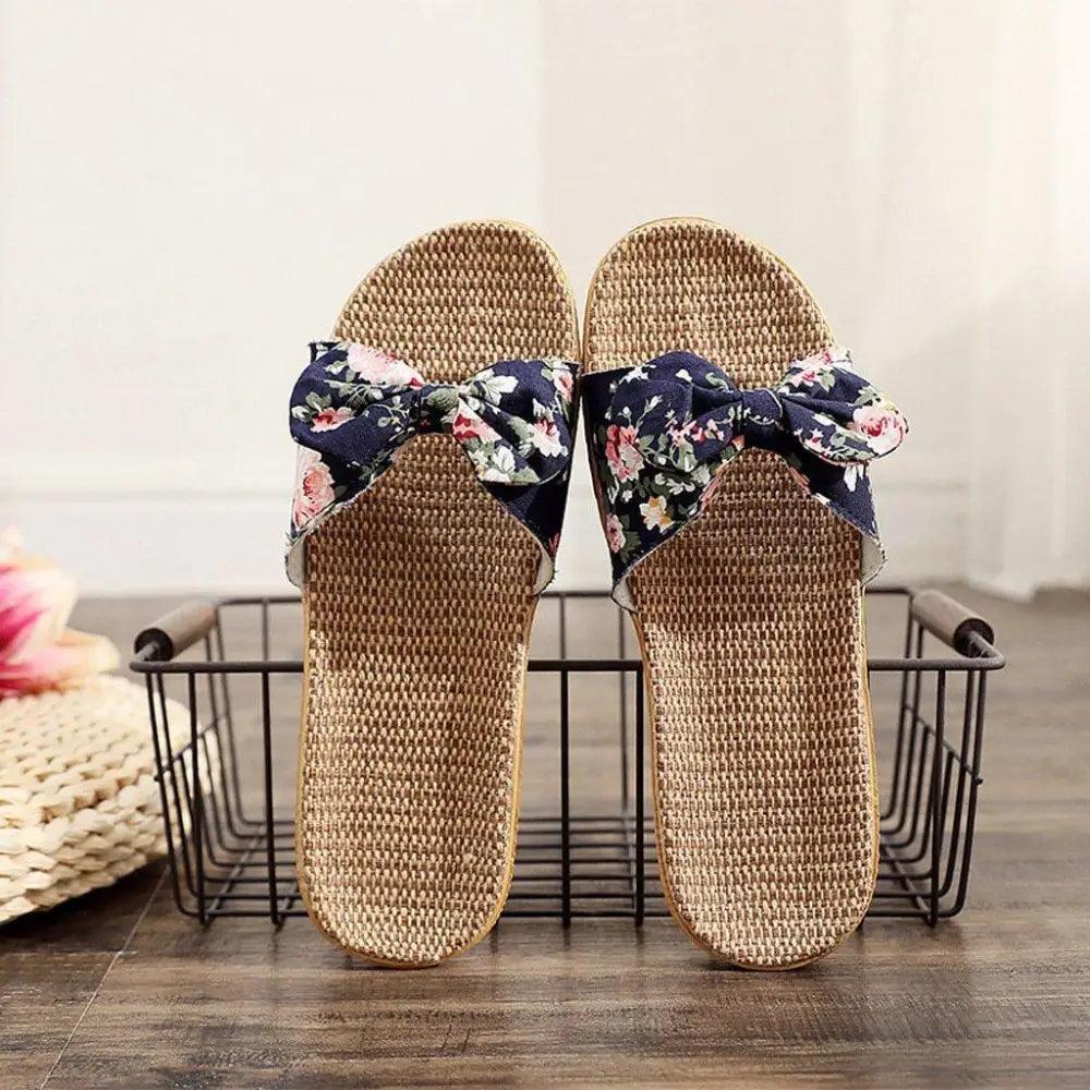 Fashion Woman Beach Floral Pattern Butterfly Knot Slippers Unique Flat Flip Flops Design For Women Outdoor Home Slippers Stevvex