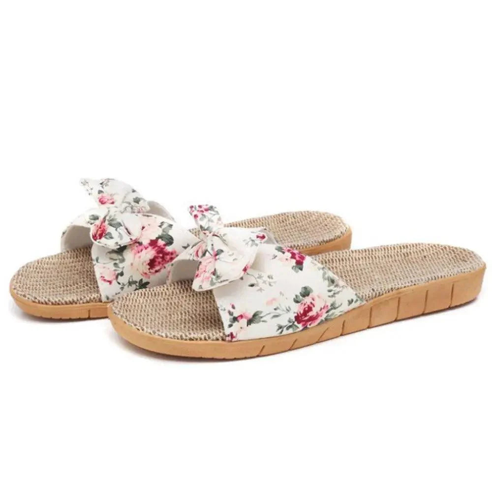 Fashion Woman Beach Floral Pattern Butterfly Knot Slippers Unique Flat Flip Flops Design For Women Outdoor Home Slippers Stevvex