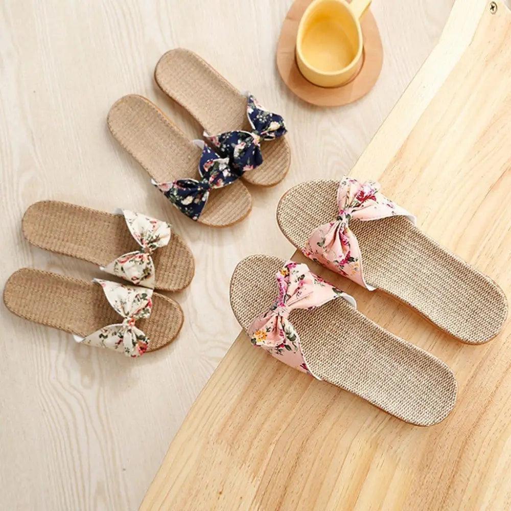 Fashion Woman Beach Floral Pattern Butterfly Knot Slippers Unique Flat Flip Flops Design For Women Outdoor Home Slippers Stevvex