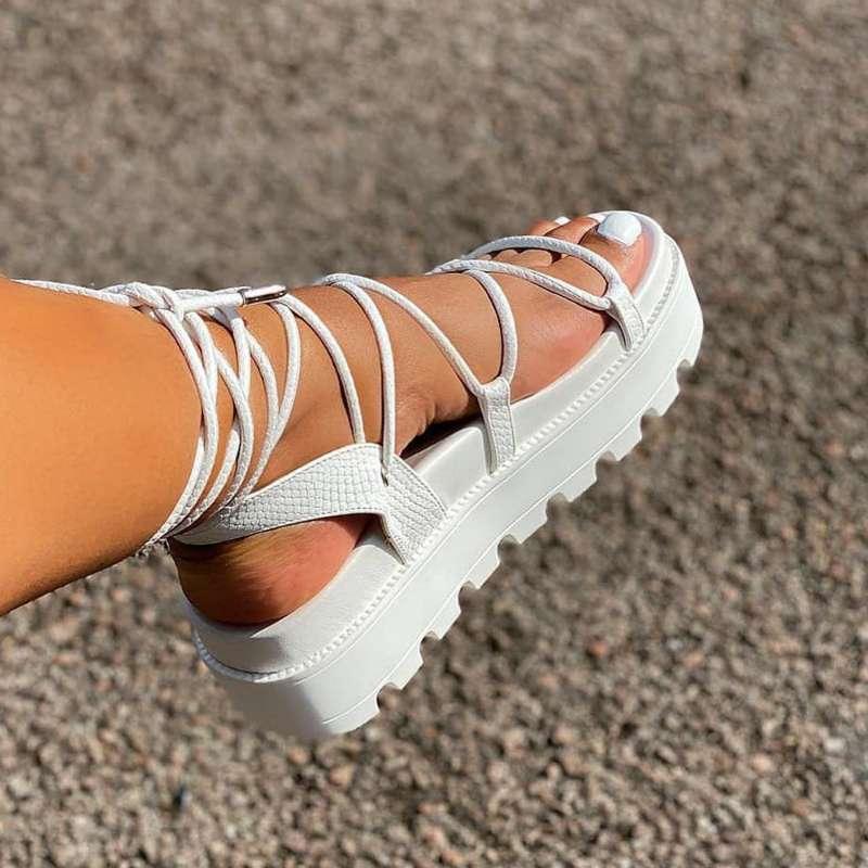 Fashion Woman White Sandal Shoes Lace Up Platform Shoe Women Cross Straps Boots Thick Bottom Sandals Summer Sandals Adjustable Crossed Strappy Comfy Casual Outdoor Party Sandal Stevvex