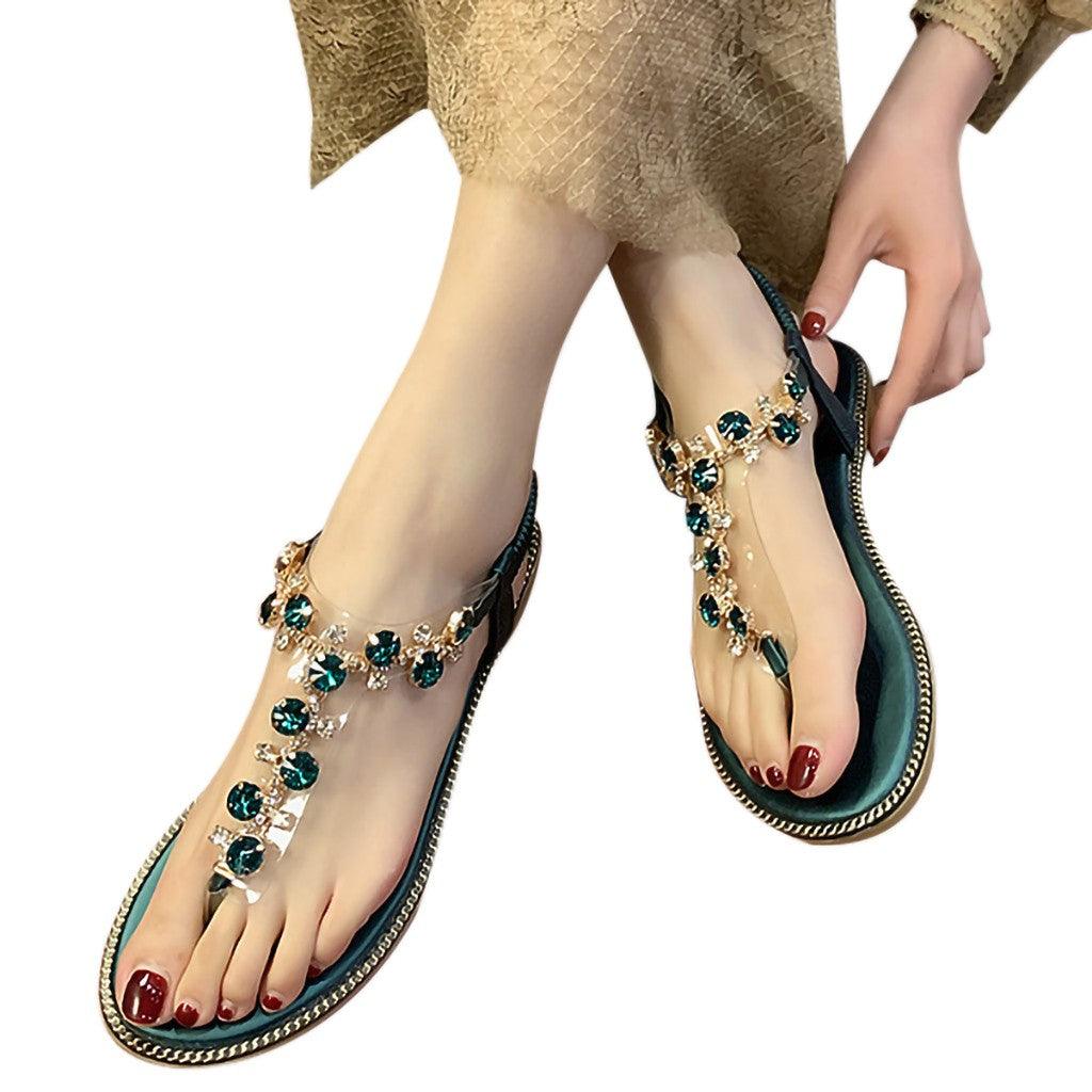 Fashion Women Sandals Luxury Design Beach Sandals Platform Ladies Shoes Light Breathable Rhinestone Sandals Women's Flat Sandals Flip Flop Jeweled Sandals Stevvex