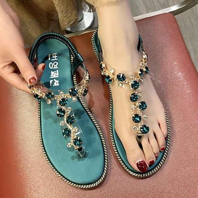 Fashion Women Sandals Luxury Design Beach Sandals Platform Ladies Shoes Light Breathable Rhinestone Sandals Women's Flat Sandals Flip Flop Jeweled Sandals Stevvex