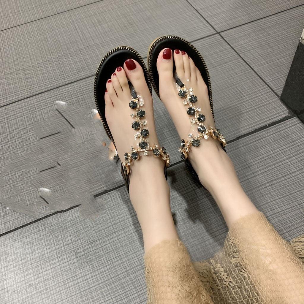 Fashion Women Sandals Luxury Design Beach Sandals Platform Ladies Shoes Light Breathable Rhinestone Sandals Women's Flat Sandals Flip Flop Jeweled Sandals Stevvex