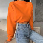Fashion Women Solid Color Loose Sweatshirts Pullover Tops Long Sleeve Round Collar Crop Tops Ladies Plain Sweet Sweatshirts Neon Crop Top Hoodies for Women Casual Long Sleeve Cropped Hooded Sweatshirt Stevvex