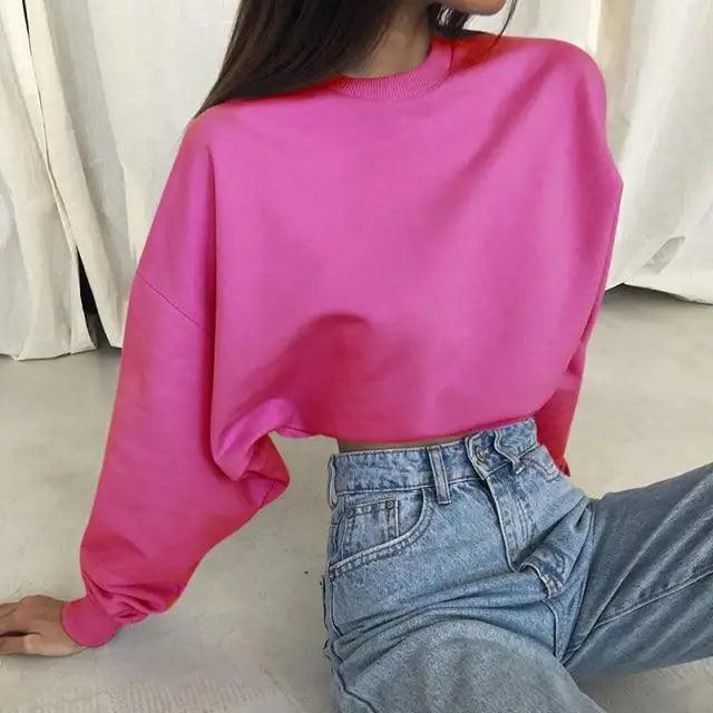 Fashion Women Solid Color Loose Sweatshirts Pullover Tops Long Sleeve Round Collar Crop Tops Ladies Plain Sweet Sweatshirts Neon Crop Top Hoodies for Women Casual Long Sleeve Cropped Hooded Sweatshirt Stevvex