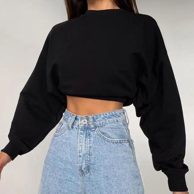 Fashion Women Solid Color Loose Sweatshirts Pullover Tops Long Sleeve Round Collar Crop Tops Ladies Plain Sweet Sweatshirts Neon Crop Top Hoodies for Women Casual Long Sleeve Cropped Hooded Sweatshirt Stevvex