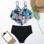 Fashionable And Stylish Design Women Leaf Print Soft Comfortable Suitable High Waist Swimsuit Bikini Women's Suits Two Pieces Top High Waist Bottom Two Piece Sets Beach Swimwear Stevvex