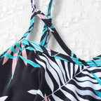 Fashionable And Stylish Design Women Leaf Print Soft Comfortable Suitable High Waist Swimsuit Bikini Women's Suits Two Pieces Top High Waist Bottom Two Piece Sets Beach Swimwear Stevvex