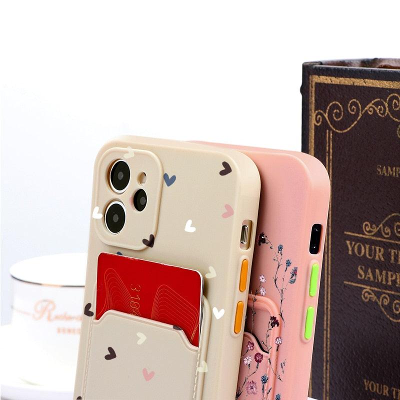 Fashionable Anti-Scratch Soft Lining Protective Case For iPhone Cases Card Holder Cute Flower Heart Phone Case For iPhone 12 13 Mini Pro Beautiful Design  Soft Iphone Case Stevvex