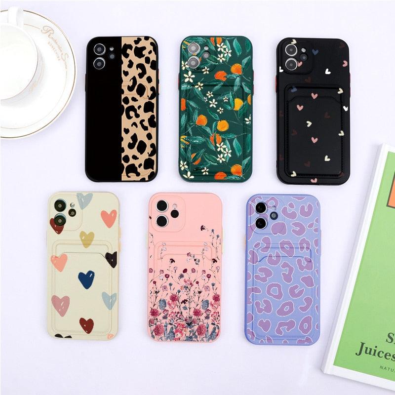 Fashionable Anti-Scratch Soft Lining Protective Case For iPhone Cases Card Holder Cute Flower Heart Phone Case For iPhone 12 13 Mini Pro Beautiful Design  Soft Iphone Case Stevvex
