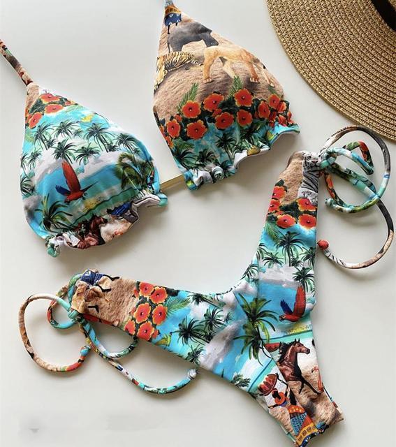 Fashionable Bikini Swimwear Women Swimsuit Female Bikini Set Knot Push Up Bathing Suit Comfortable Summer Women's Ribbed Tie Bikini Lace Up Bottom String Swimsuit Swim Wear Stevvex