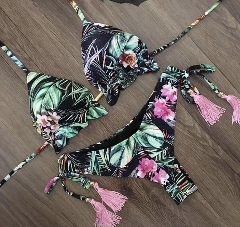 Fashionable Bikini Swimwear Women Swimsuit Female Bikini Set Knot Push Up Bathing Suit Comfortable Summer Women's Ribbed Tie Bikini Lace Up Bottom String Swimsuit Swim Wear Stevvex