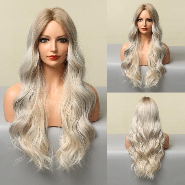 Fashionable Long Wavy Synthetic Wigs Brown to Blonde Ombre with Bangs Fake Hair for Women Daily Cosplay Party Heat Resistant Wigs For Black Women Gifts for Girlfriends Stevvex