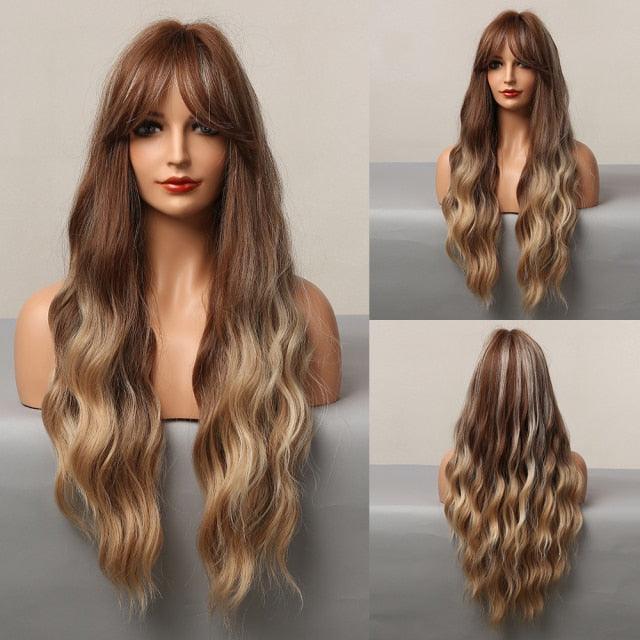 Fashionable Long Wavy Synthetic Wigs Brown to Blonde Ombre with Bangs Fake Hair for Women Daily Cosplay Party Heat Resistant Wigs For Black Women Gifts for Girlfriends Stevvex