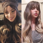 Fashionable Long Wavy Synthetic Wigs Brown to Blonde Ombre with Bangs Fake Hair for Women Daily Cosplay Party Heat Resistant Wigs For Black Women Gifts for Girlfriends Stevvex