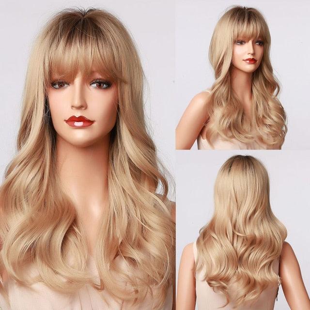 Fashionable Long Wavy Synthetic Wigs Brown to Blonde Ombre with Bangs Fake Hair for Women Daily Cosplay Party Heat Resistant Wigs For Black Women Gifts for Girlfriends Stevvex