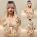 Fashionable Long Wavy Synthetic Wigs Brown to Blonde Ombre with Bangs Fake Hair for Women Daily Cosplay Party Heat Resistant Wigs For Black Women Gifts for Girlfriends Stevvex