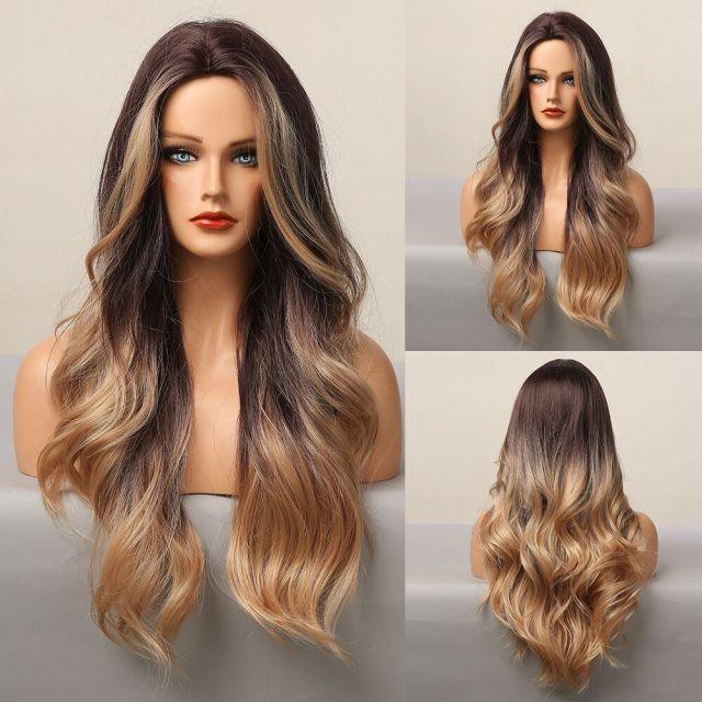 Fashionable Long Wavy Synthetic Wigs Brown to Blonde Ombre with Bangs Fake Hair for Women Daily Cosplay Party Heat Resistant Wigs For Black Women Gifts for Girlfriends Stevvex