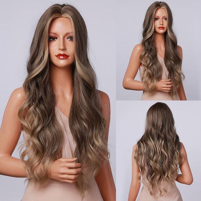 Fashionable Long Wavy Synthetic Wigs Brown to Blonde Ombre with Bangs Fake Hair for Women Daily Cosplay Party Heat Resistant Wigs For Black Women Gifts for Girlfriends Stevvex