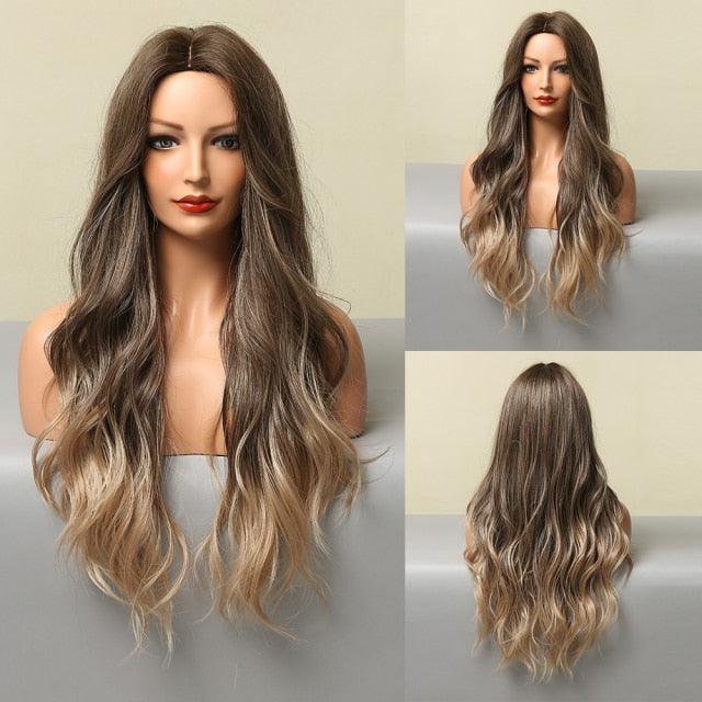 Fashionable Long Wavy Synthetic Wigs Brown to Blonde Ombre with Bangs Fake Hair for Women Daily Cosplay Party Heat Resistant Wigs For Black Women Gifts for Girlfriends Stevvex