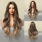 Fashionable Long Wavy Synthetic Wigs Brown to Blonde Ombre with Bangs Fake Hair for Women Daily Cosplay Party Heat Resistant Wigs For Black Women Gifts for Girlfriends Stevvex