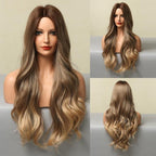 Fashionable Long Wavy Synthetic Wigs Brown to Blonde Ombre with Bangs Fake Hair for Women Daily Cosplay Party Heat Resistant Wigs For Black Women Gifts for Girlfriends Stevvex