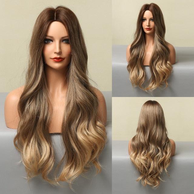 Fashionable Long Wavy Synthetic Wigs Brown to Blonde Ombre with Bangs Fake Hair for Women Daily Cosplay Party Heat Resistant Wigs For Black Women Gifts for Girlfriends Stevvex