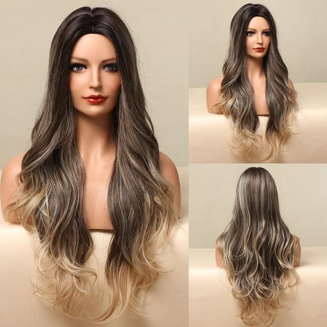 Fashionable Long Wavy Synthetic Wigs Brown to Blonde Ombre with Bangs Fake Hair for Women Daily Cosplay Party Heat Resistant Wigs For Black Women Gifts for Girlfriends Stevvex