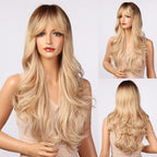 Fashionable Long Wavy Synthetic Wigs Brown to Blonde Ombre with Bangs Fake Hair for Women Daily Cosplay Party Heat Resistant Wigs For Black Women Gifts for Girlfriends Stevvex